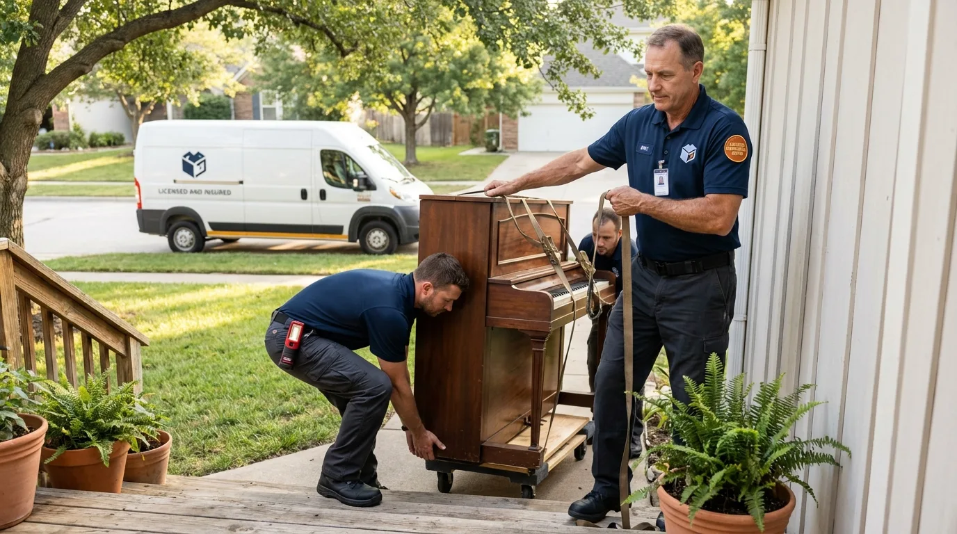 Licensed piano movers securing grand piano in Durand, MI