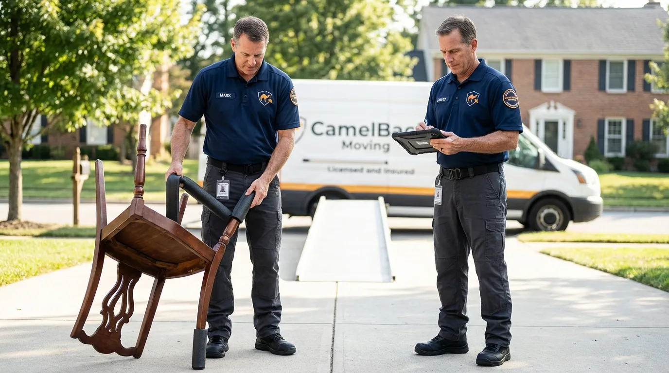 Movers inspecting furniture for damage prevention before loading in Durand, MI